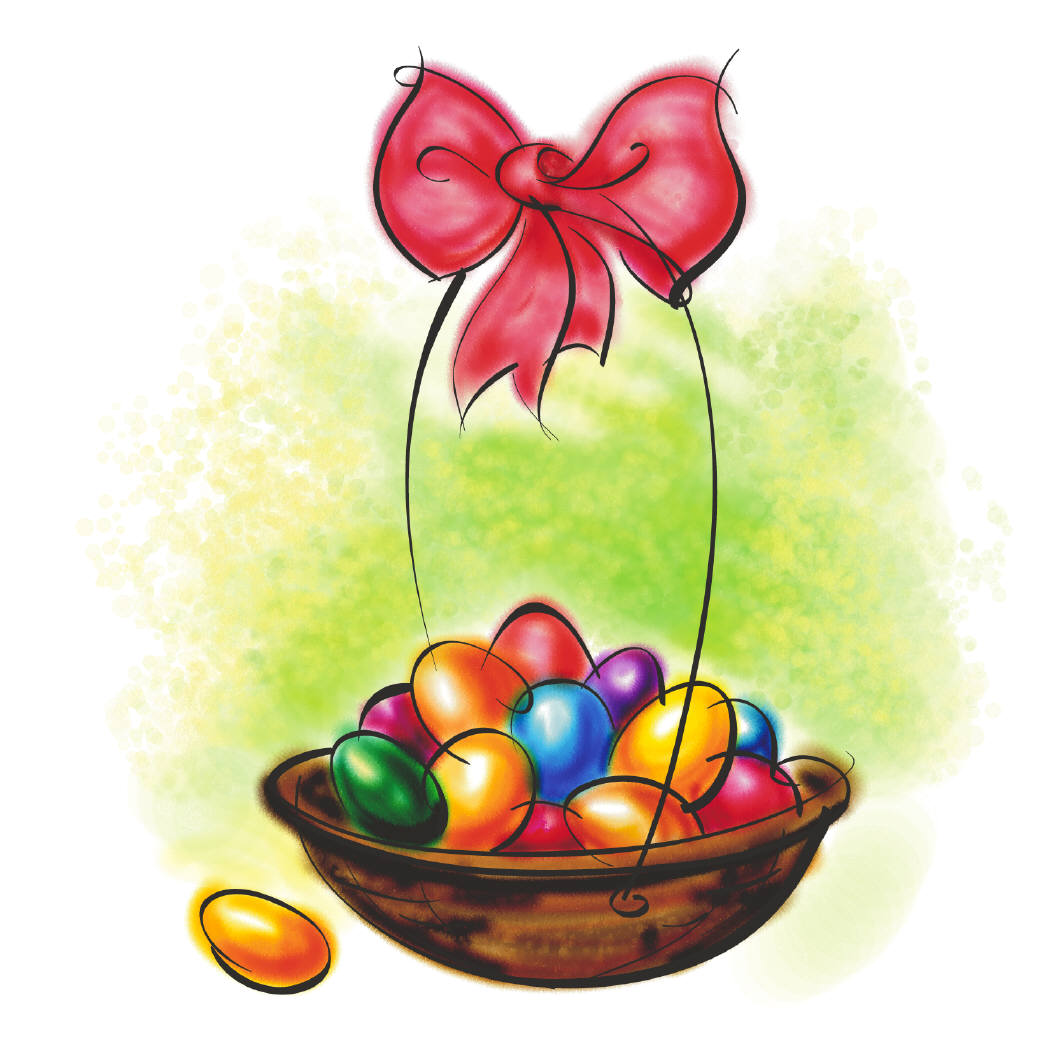 A Easter basket with colorful eggs and a red bowl in the top!!!